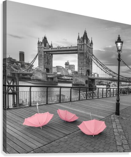 Pink umbrellas at Tower bridge, London, UK  Canvas Print