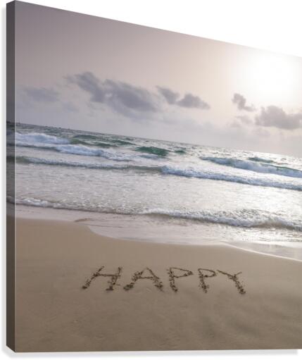 Sand writing - Word Happy written on beach  Canvas Print
