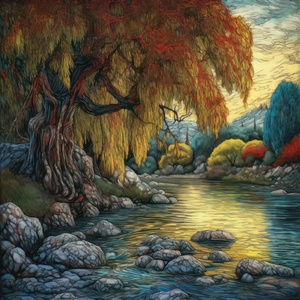 landscape willow tree river rocksruby red acetate