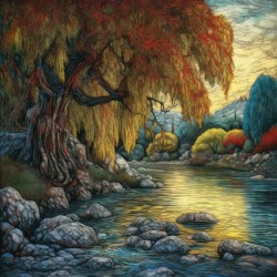 landscape willow tree river rocksruby red acetate