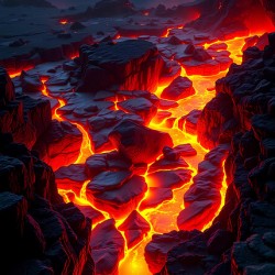 Fiery Lava Flows in a Dramatic Volcanic Landscape at Nigh