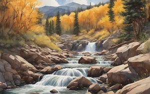 A watercolor painting of a river with rocks and trees