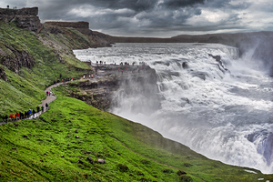 Waterfall views at Gullfoss in Iceland during cloudy weather