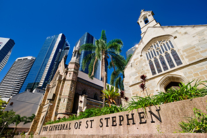 The Cathedral of St Stephen with modern skyscrapers behind.