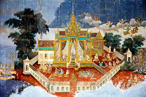 Intricate mural of a temple mythical figures and human activit