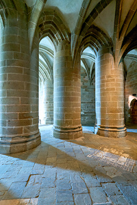 Inside Mont Saint Michel Abbey in Normandy France with stone co