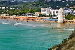 Vieste Gargano. Apulia Puglia Italy. Monolith Pizzomunno and beach