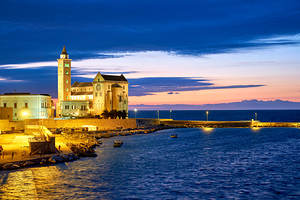 Apulia Puglia Italy. Trani. Basilica Cattedrale Beata Maria Vergine Assunta dedicated to Saint Nicholas at dusk