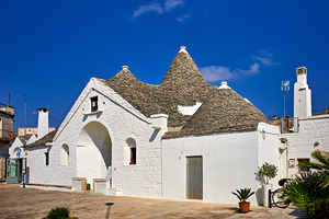 Apulia Puglia Italy. Alberobello. Trulli: traditional Apulian dry stone huts with a conical roof. Trullo Sovrano