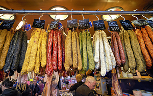 Barcelona. Catalonia. Spain. The Mercat de Sant Josep de la Boqueria Coloured sausages