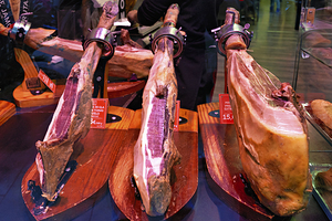 Barcelona. Catalonia. Spain. The Mercat de Sant Josep de la Boqueria. Jamon Iberico dry cured ham