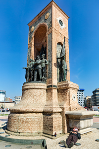 Istanbul Turkey. The Republic Monument 1928 at Taksim Square crafted by Italian sculptor Pietro Canonica.