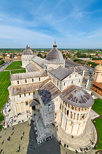 Pisa Tuscany Italy. Aerial view of Piazza dei Miracoli Square of Miracles. Baptistry Cathedral and the shadow of the Leaning Tower