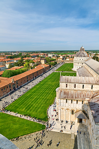 Pisa Tuscany Italy. Aerial view of Piazza dei Miracoli Square of Miracles. Baptistry Cathedral and the shadow of the Leaning Tower