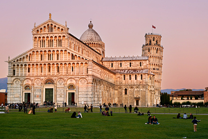 Pisa Tuscany Italy. Piazza dei Miracoli Square of Miracles. The Cathedral and the Leaning Tower at sunset