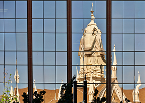 The Assembly Hall reflected in a building. Salt Lake City Utah USA