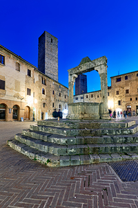 San Gimignano. Tuscany. Italy. Piazza della Cisterna at sunset