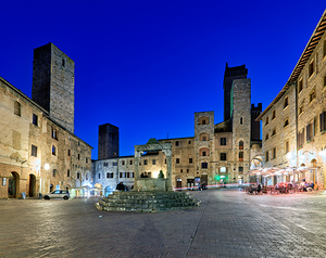 San Gimignano. Tuscany. Italy. Piazza della Cisterna at sunset