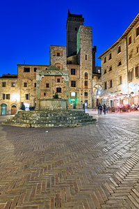 San Gimignano. Tuscany. Italy. Piazza della Cisterna at sunset