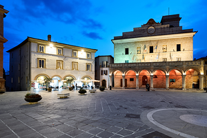 Montefalco Umbria Italy. Piazza del Comune at sunset