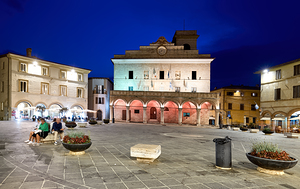 Montefalco Umbria Italy. Piazza del Comune at sunset