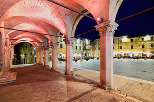 Montefalco Umbria Italy. Piazza del Comune at sunset