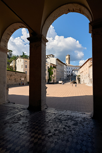 Spoleto Umbria Italy. Piazza del Duomo the theatre and Chiesa di SantEufemia