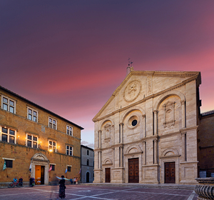 Pienza Val dOrcia Tuscany Italy. Piazza Pio II square at sunset. The Cathedral