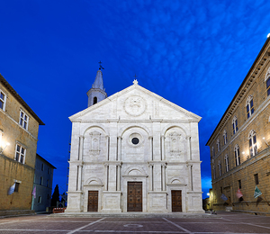 Pienza Val dOrcia Tuscany Italy. Piazza Pio II square at sunset. The Cathedral