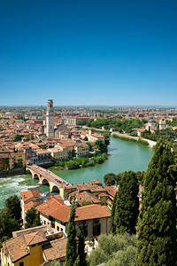 Verona Veneto Italy. Cityscape. The river Adige and Ponte Pietra Stone Bridge