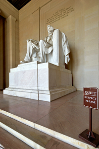 The marble statue of Abraham Lincoln inside the Lincoln Memorial. Washington D.C.