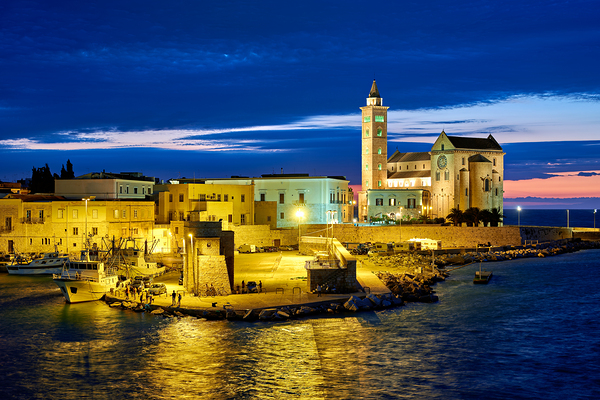 Apulia Puglia Italy. Trani. Basilica Cattedrale Beata Maria Vergine Assunta dedicated to Saint Nicholas at dusk Print