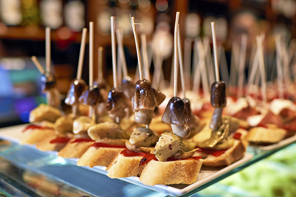 Barcelona. Catalonia. Spain. Tasty tapas in a bar appetizers snacks Print