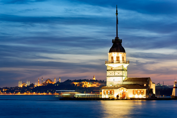Istanbul Turkey. The Maidens tower on the Bosphorus and Blue Mosque Hagia Sophia at sunset Print