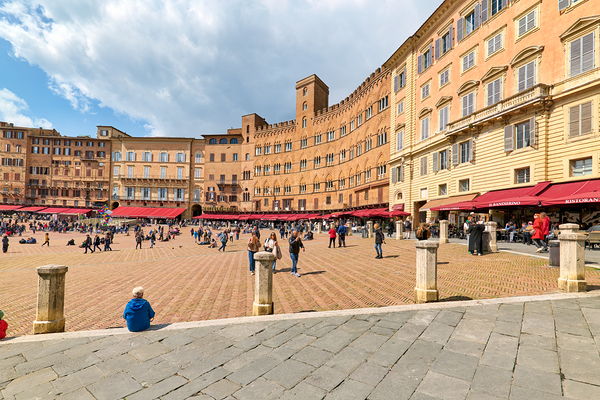 Siena Tuscany Italy. Restaurants in Piazza del Campo Print