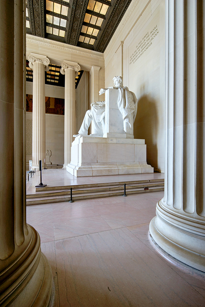 The marble statue of Abraham Lincoln inside the Lincoln Memorial. Washington D.C. Print