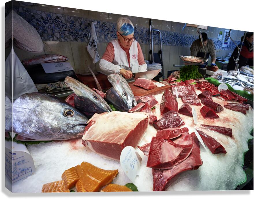 Barcelona. Catalonia. Spain. The Mercat de Sant Josep de la Boqueria. Tuna fish at fishmonger stall Canvas Print