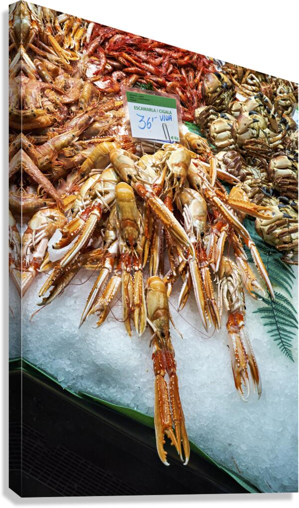 Barcelona. Catalonia. Spain. The Mercat de Sant Josep de la Boqueria. Tiger Prawns at fishmonger stall Canvas Print