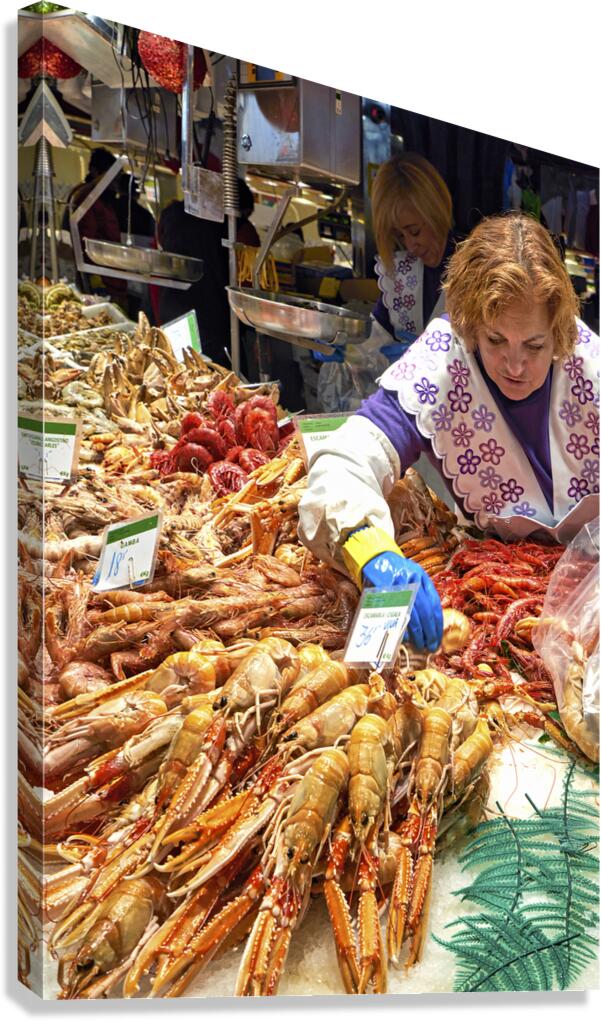 Barcelona. Catalonia. Spain. The Mercat de Sant Josep de la Boqueria. Tiger Prawns at fishmonger stall Canvas Print