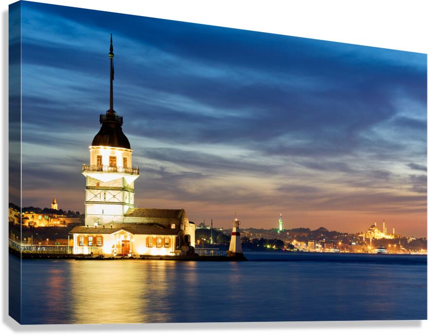 Istanbul Turkey. The Maidens tower on the Bosphorus and the Süleymaniye Mosque at sunset Canvas Print