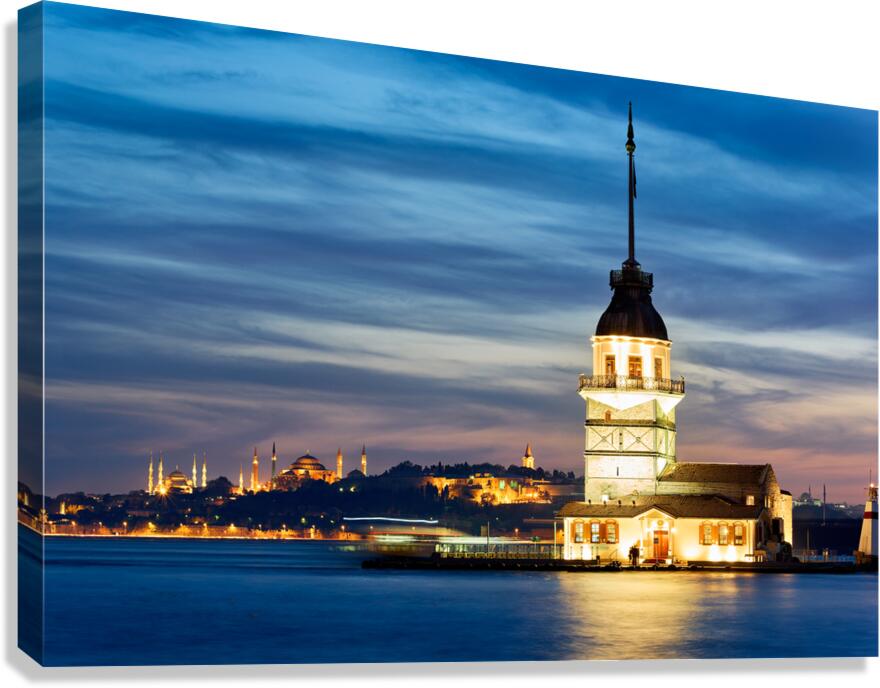 Istanbul Turkey. The Maidens tower on the Bosphorus and Blue Mosque Hagia Sophia at sunset Canvas Print