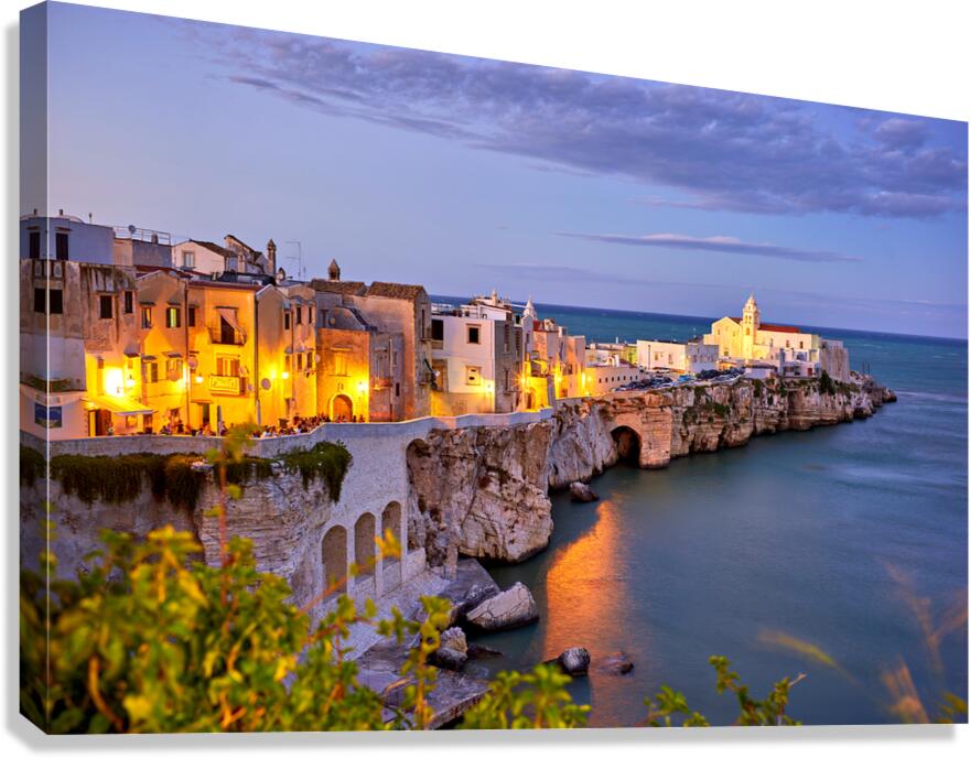 Vieste Gargano. Apulia Puglia Italy. Cape San Francesco and San Francesco church at sunset Canvas Print