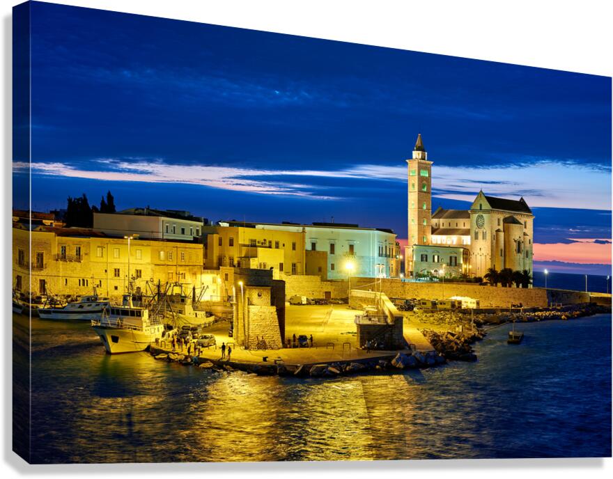 Apulia Puglia Italy. Trani. Basilica Cattedrale Beata Maria Vergine Assunta dedicated to Saint Nicholas at dusk Canvas Print