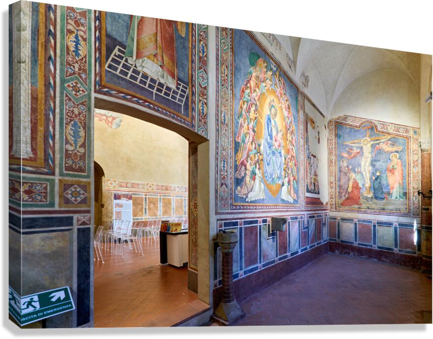 San Gimignano. Tuscany. Italy. Frescoes in the church of San Lorenzo in Ponte. Madonna col Bambino in gloria Madonna with Child in Glory by Simone Martini Canvas Print