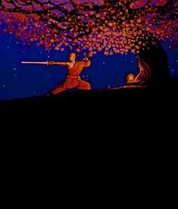 Shaolin Practicing Sword Arts Under a Peach Tree 