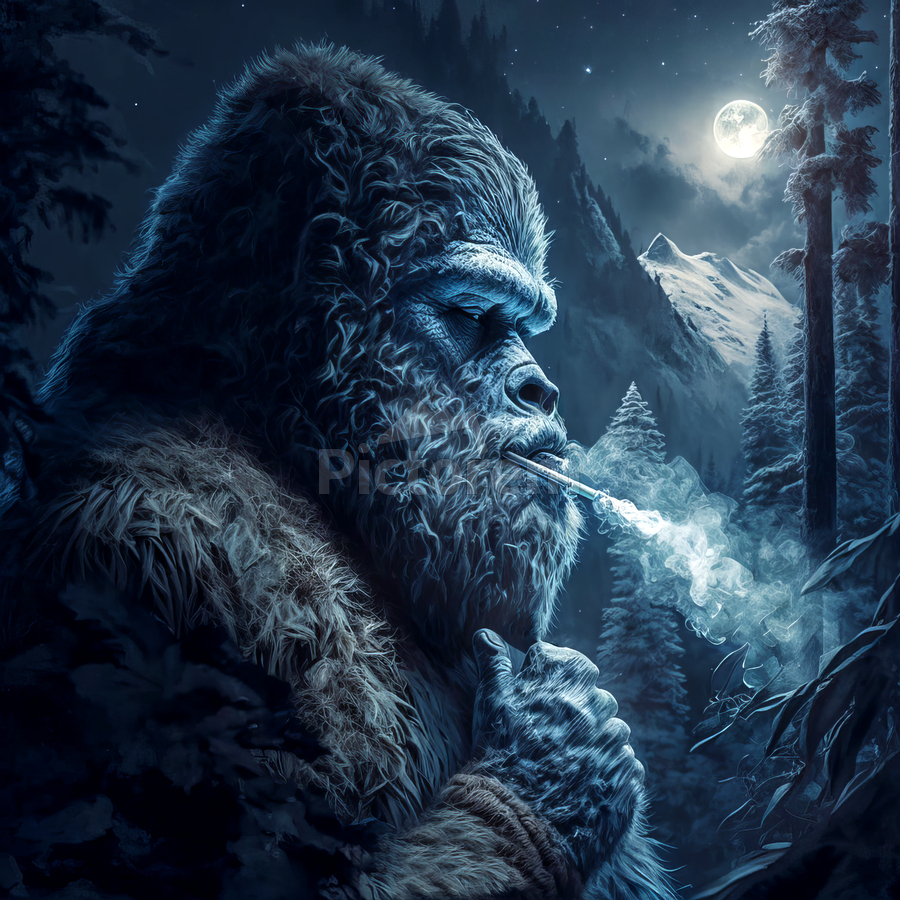 Bigfoot Smoking Under The Moon by Museberry Art Designs Wall Art