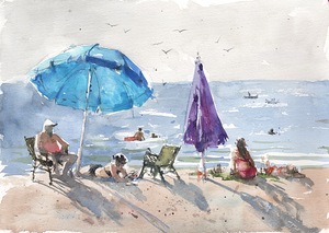 Under an umbrella in the sun