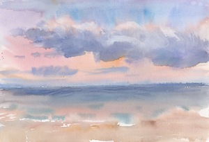 Beautiful morning At The Beach. Watercolor