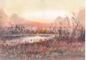 Sunrise. Landscape watercolor painting