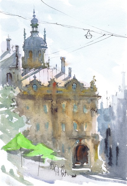 Historic Building City Street Watercolor cityscape watercolor by Samira Yanushkova